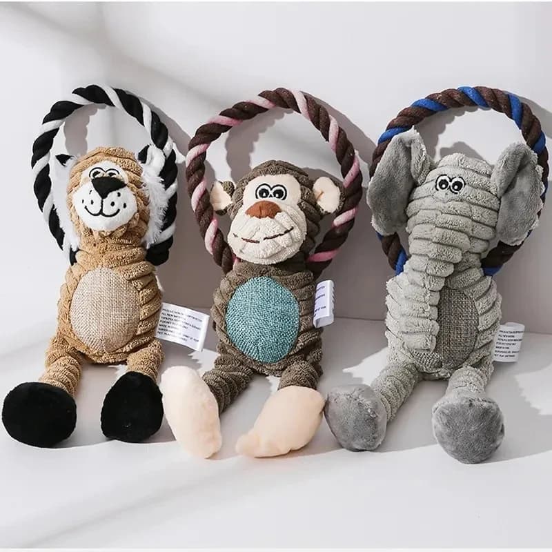 Giocattoli di peluche per cani Giocattolo per animali striduli per animali domestici Resistente ai morsi di cani Denti puliti Giocattolo da masticare Forniture per animali Giocattoli interattivi Leone Elepant Scimmia