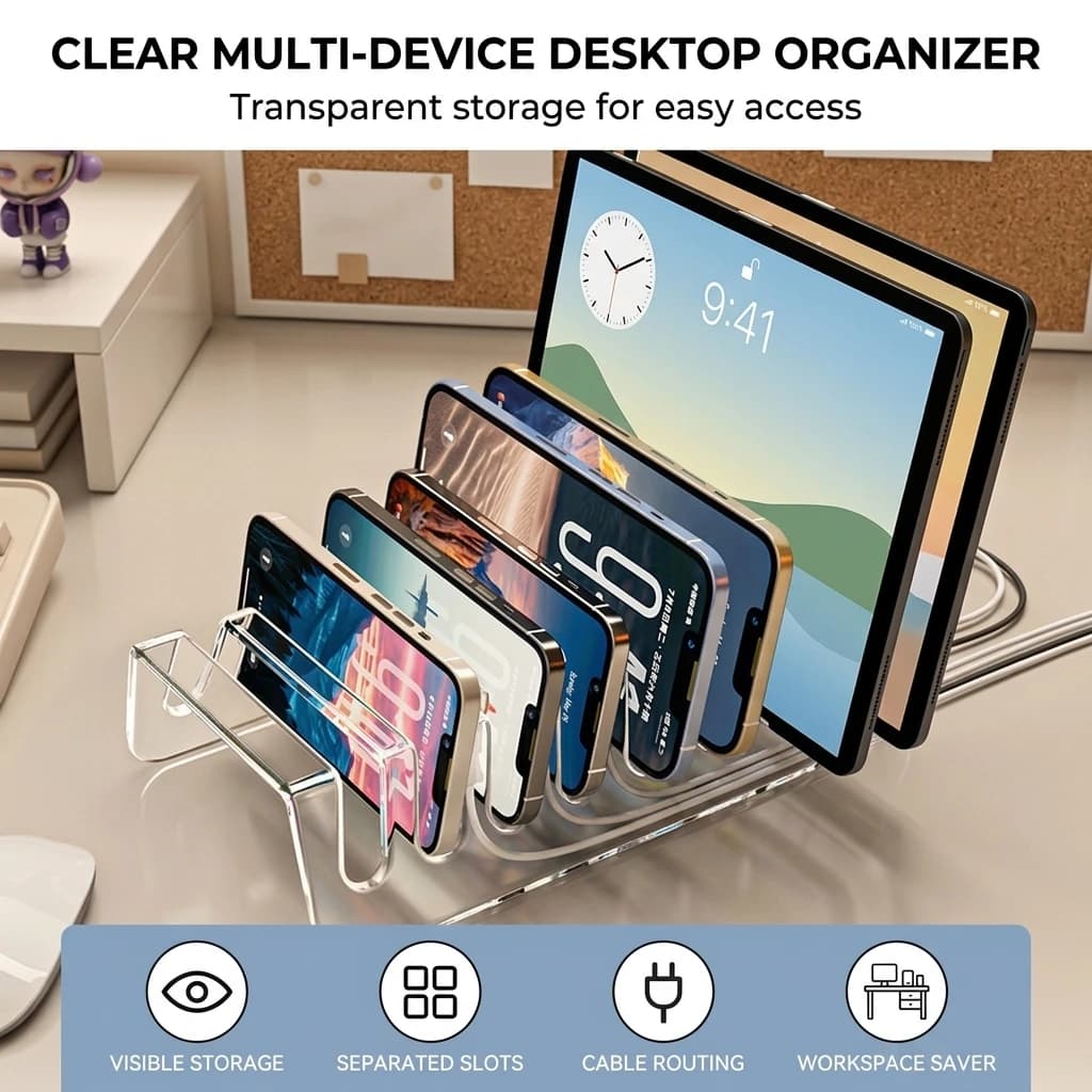 1Pc Clear PET 6/8 Slots Phone Tablet Desktop Organizer Stand for Office Home Gaming and Streaming Use Deck Organizer Case