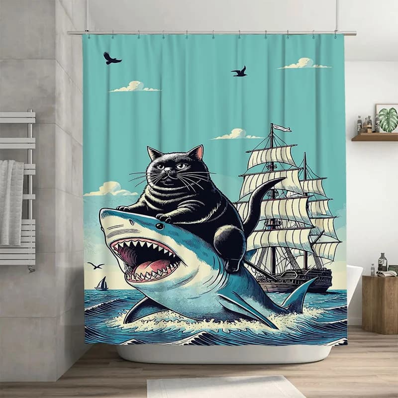 Tenda da doccia stravagante con barca a vela vintage con gatto nero che cavalca squalo, perfetta per bagni a tema nautico