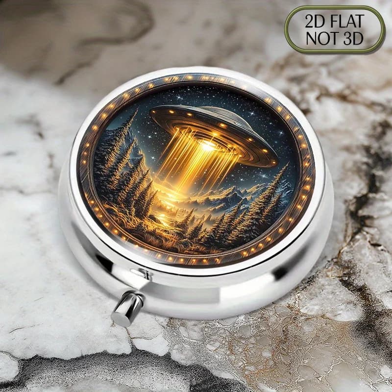 1pc flat portable round metal pill box, featuring a spaceship with magical lighting, is an ideal choice for storing medication, vitamins, and supplements while traveling or at home. As a multi-functional organizer, it is very suitable for storing small items or coins.