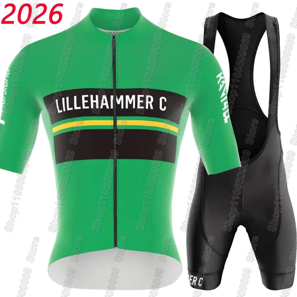 Completo Ciclismo Lillehammer 2026 Uomo: Maglia Manica Corta Verde Norvegia e Salopette Bici da Corsa/MTB