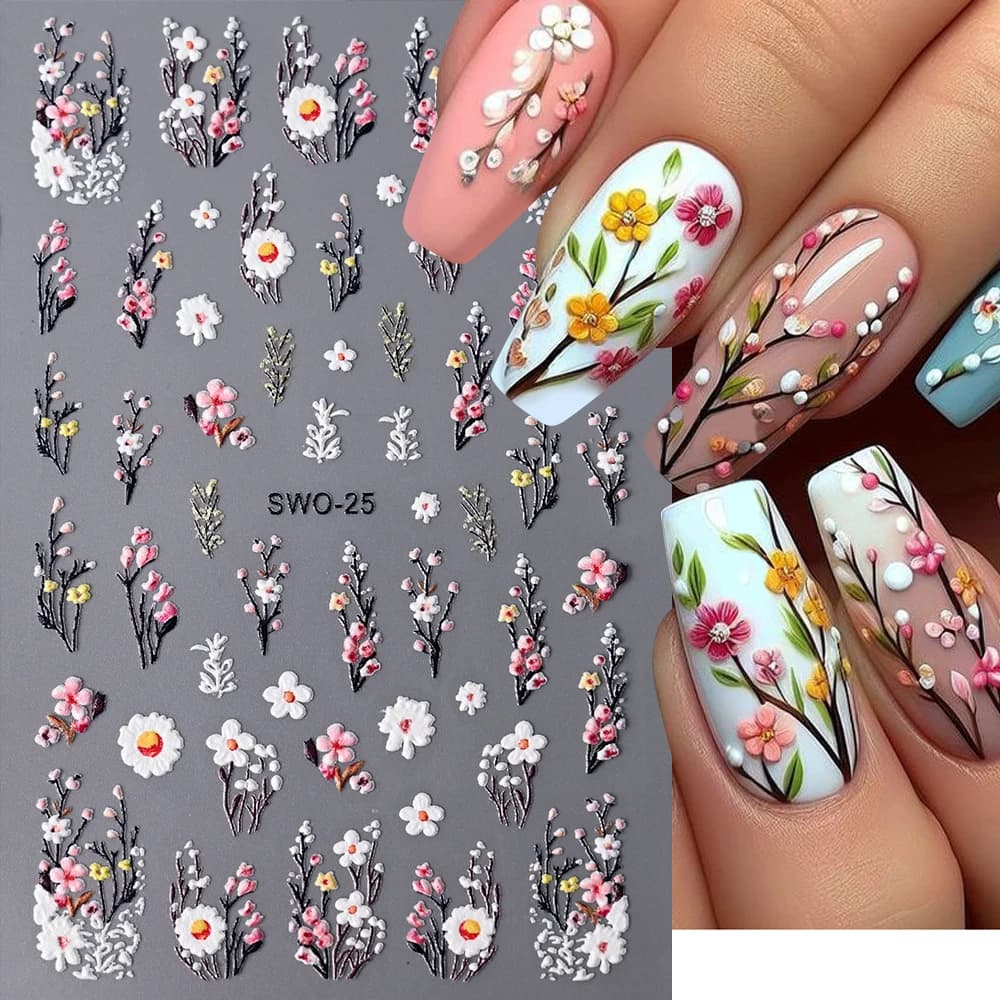 1Pc 3D Fiori di lavanda Adesivi per unghie Primavera Sakura Foglie floreali Cursori autoadesivi Decalcomanie Art Manicure per la decorazione