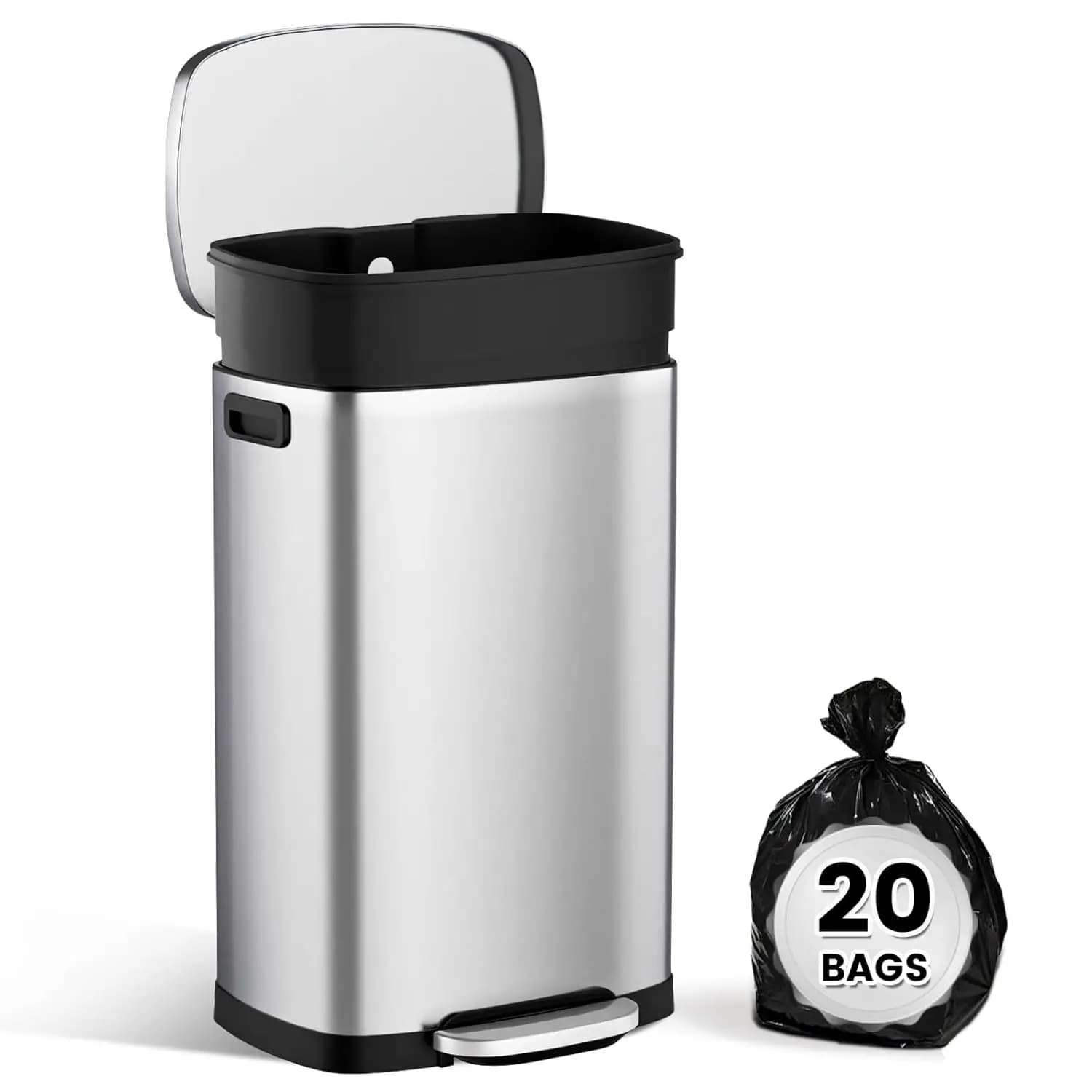 Cestino per Rifiuti da Cucina con Coperchio a Chiusura Morbida, 50L/13 Galloni, in Acciaio Inossidabile, con Secchio Rimovibile, Personalizzabile