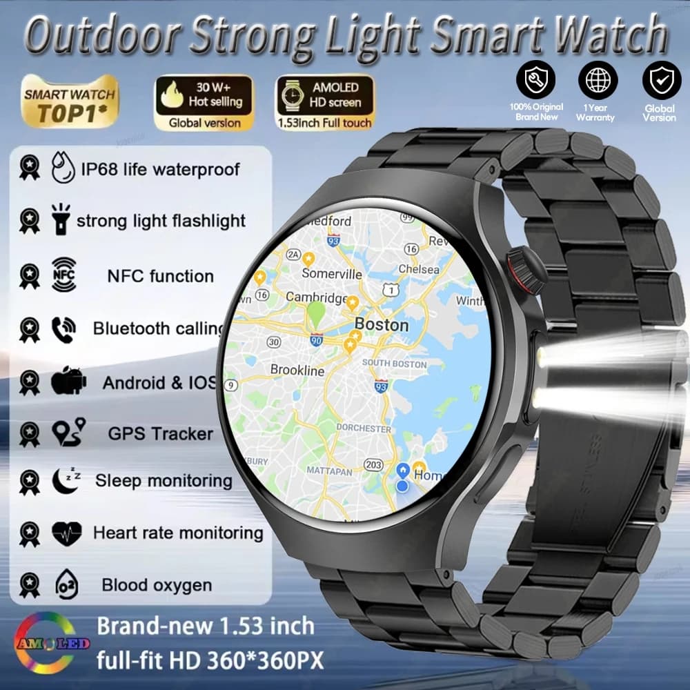 2025 Nuovi sport all'aria aperta Smartwatch da uomo Bussola Torcia a LED Monitoraggio della salute Chiamata Bluetooth impermeabile Smart Watch Android