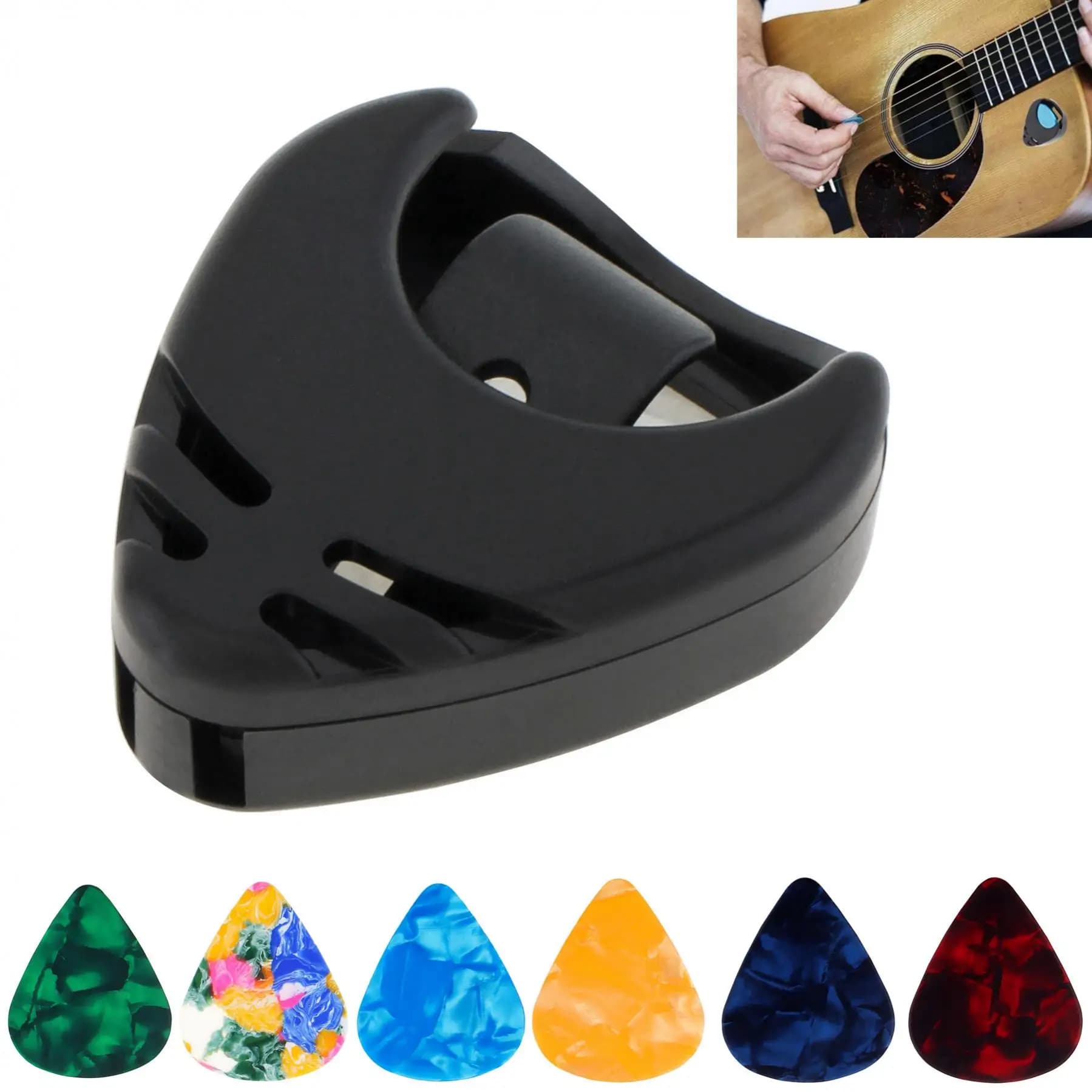 Black Plastic Stick on Guitar Pick Holder 6 Picks for Acoustic Guitar / Bass / Ukulele with Adhesive Back Picks Set