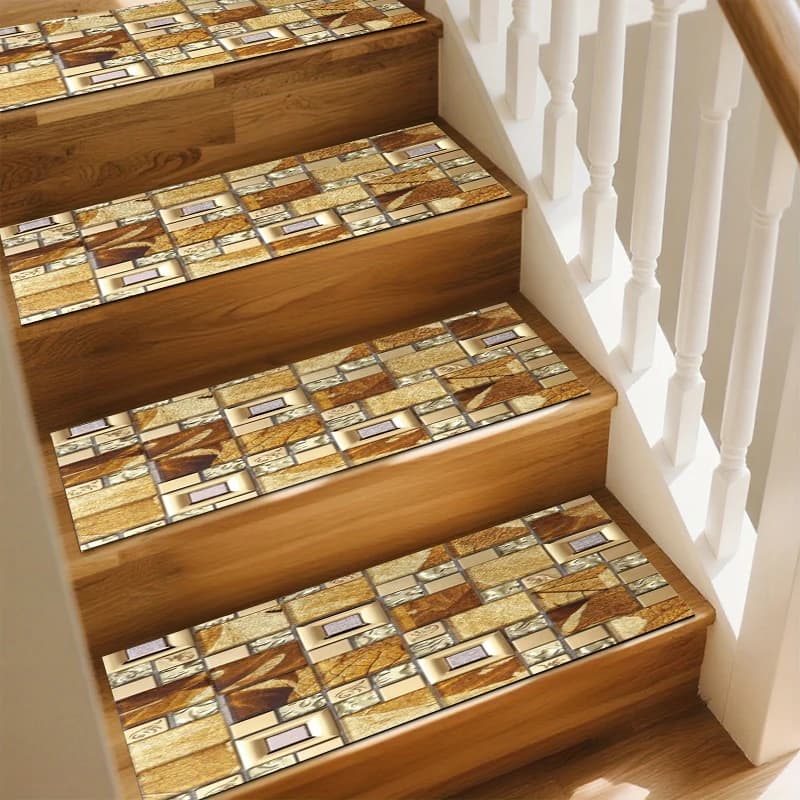 15pc Golden Brown Mosaic Tile Stair Tread Mats Non-Slip Water Absorbent Step Pads Washable Floor Protector Wooden Stairs Indoor