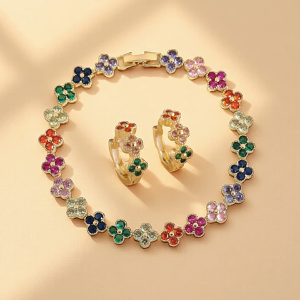 ZAKOL 2 pcs/set Colorful Zirconia Flowers Bracelet Earrings Set for Women Luxury Brilliant Crystal Wedding Party Jewelry