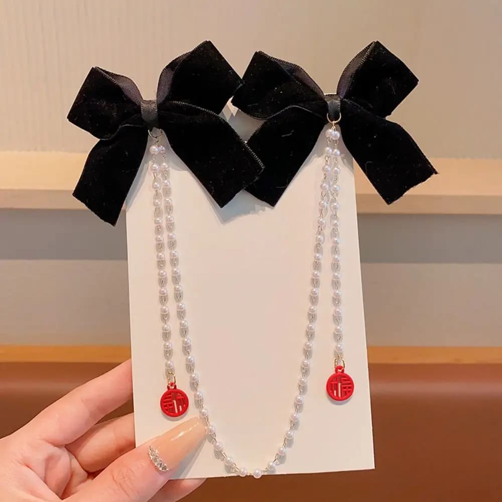 Tassel Bowknot Hair Clip Hair Side Clip Pearl Chain Bow Tassel Hairpin Headwear Duckbill Clip Ribbon Bow Barrettes Daily