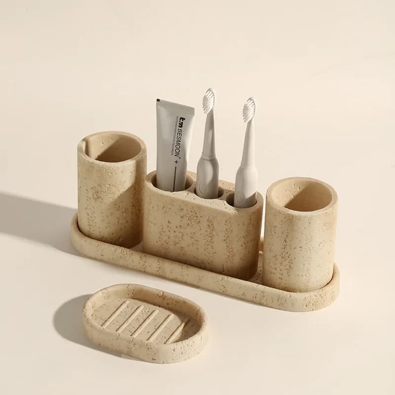 Portaspazzolino in pietra calcarea con fori giallo chiaro, dispenser per sapone, vassoio da bagno, marmo naturale, accessori per la decorazione della casa