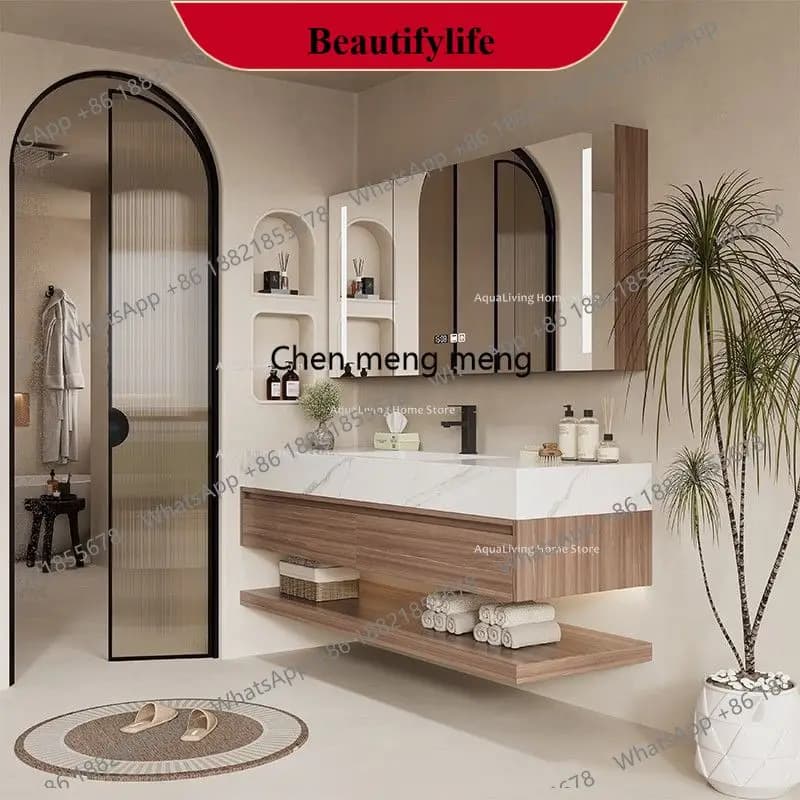 F185 Mobili da bagno di lusso con piastra in roccia Specchio intelligente Armadi da bagno per lavataggio domestico Mobili per lavabo aperti Gabinet