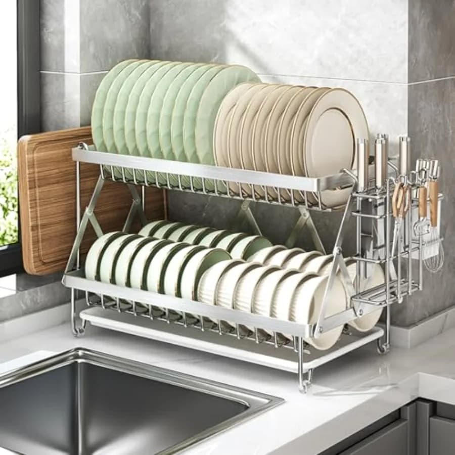 Scolapiatti Pieghevole in Acciaio Inox 304 a 2 Livelli con Gancio per Cucina, Porta Piatti, Utensili e Coltelli