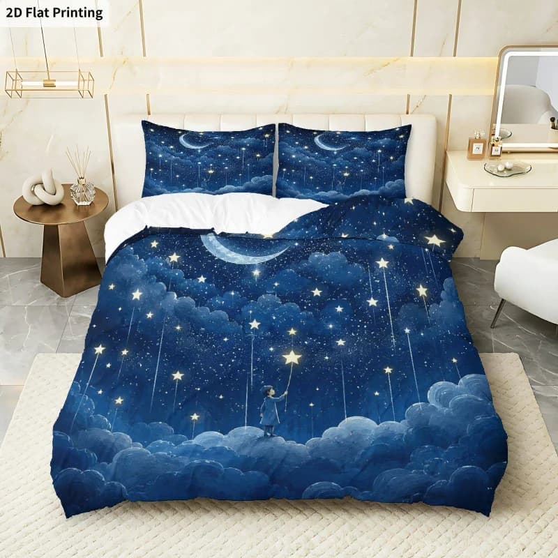 3PCS Duvet Cover, 1 Duvet Cover + 2 Pillowcases (Without Filler) Moonlit Sky Starry Night