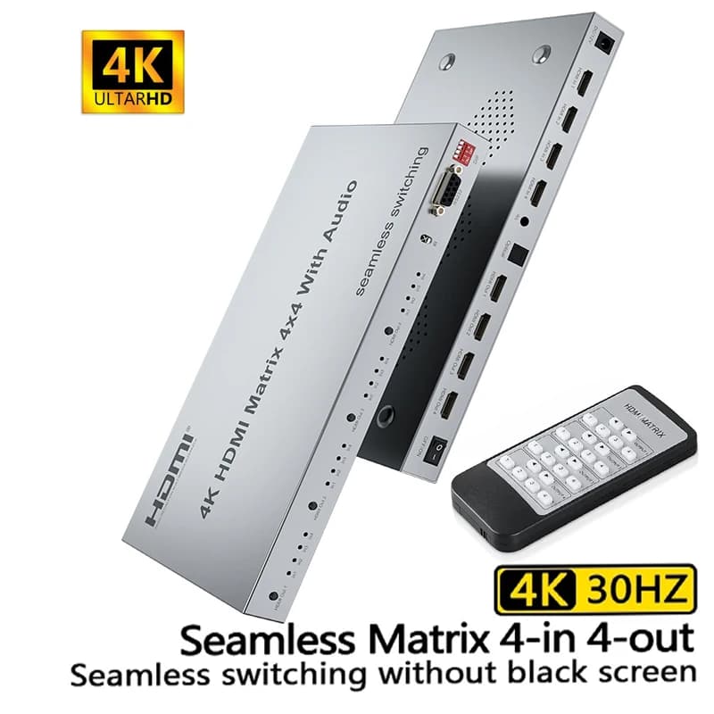4x4 HDMI Seamless Switching Matrix with Audio Extractor 4K@30Hz HDR 18Gbps Splitter 4 in 4 OutSupport HDCP1.4 EDID RS232