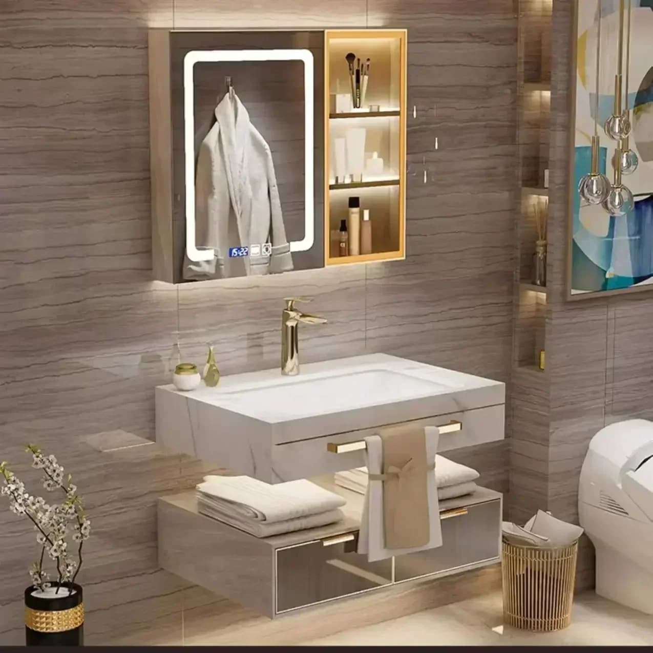 Mobiletto da bagno moderno in ardesia con specchio intelligente Doppio lavabo in ceramica Vanity da bagno sotto il lavandino Nuovo pratico alla moda
