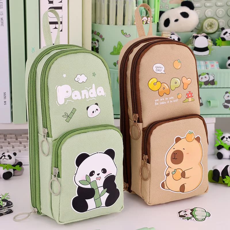 Astuccio per matite per cartoni animati di grande capacità dal design stand-up Oxford, portaoggetti multistrato autoportante, simpatico panda capibara, borsa per penne scolastiche