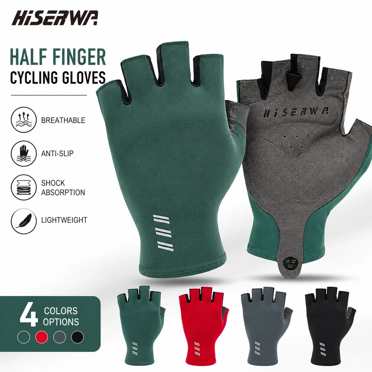 HISERWA Cycling Gloves Half Finger Shock Absorbing Anti Slip Breathable Road Bike MTB Riding Gloves Lightweight Bicycle Gloves