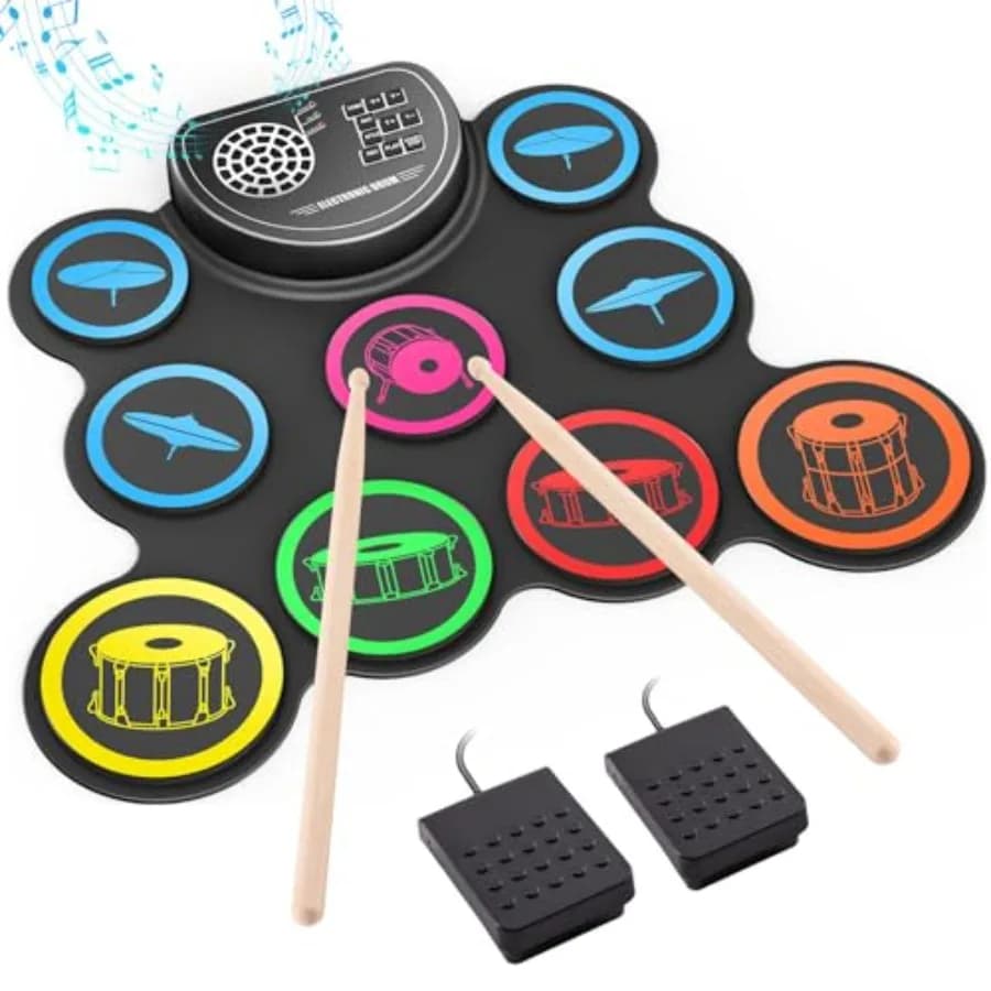 Set di Batteria Elettronica con 9 Pad per Pratica, Jack per Cuffie, Kit Arrotolabile, Altoparlante Integrato, Pedali e Bacchette 10