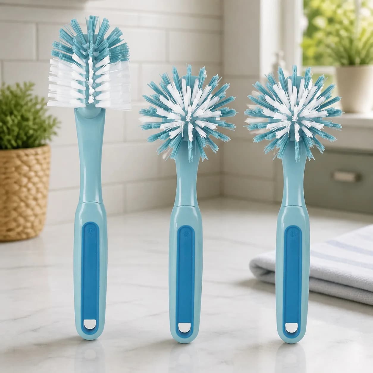 3pcs Dish Brush Set With Rubber Grip And Plastic Bristles For Kitchen Sink Cleaning, Durable Blue Scrub Tools