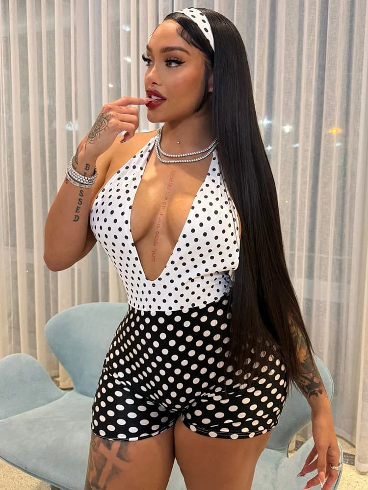Nibber Pesca Hip Contrasto Patchwork Tute Donna Polka Dots Stampa Halter Collo basso Backless Skinny Street Pagliaccetti stile sexy
