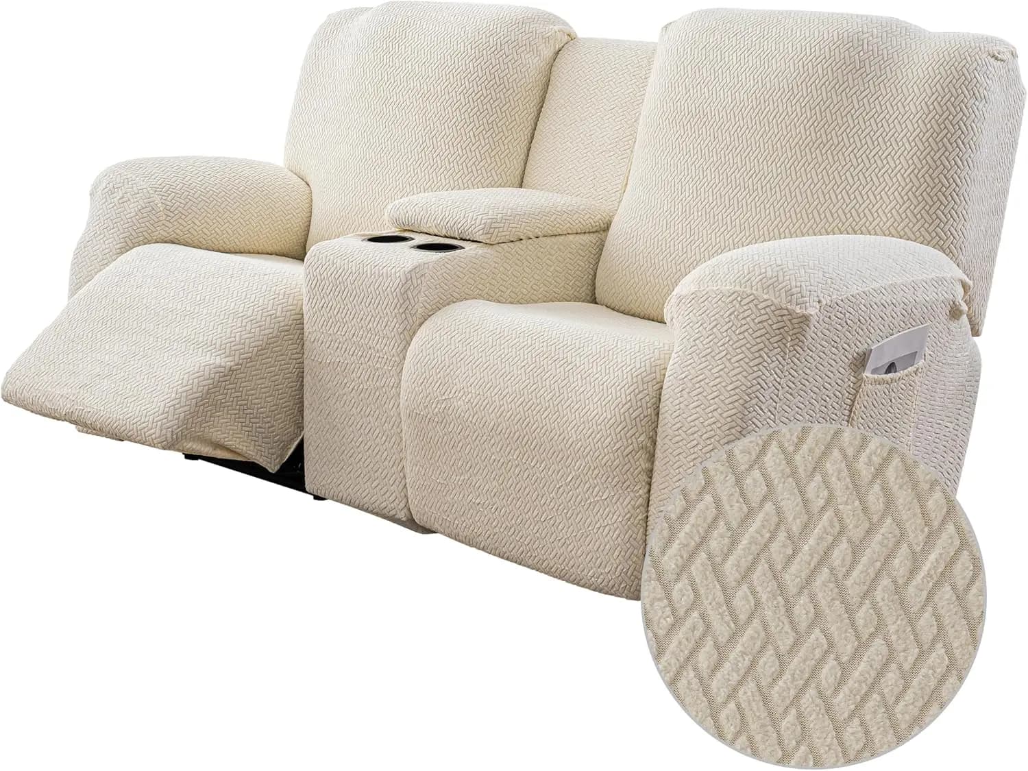 Elasticized Covers Reclining with Console, Jacquard Covers with 2 Seats for Animal Protection and Children in Beige