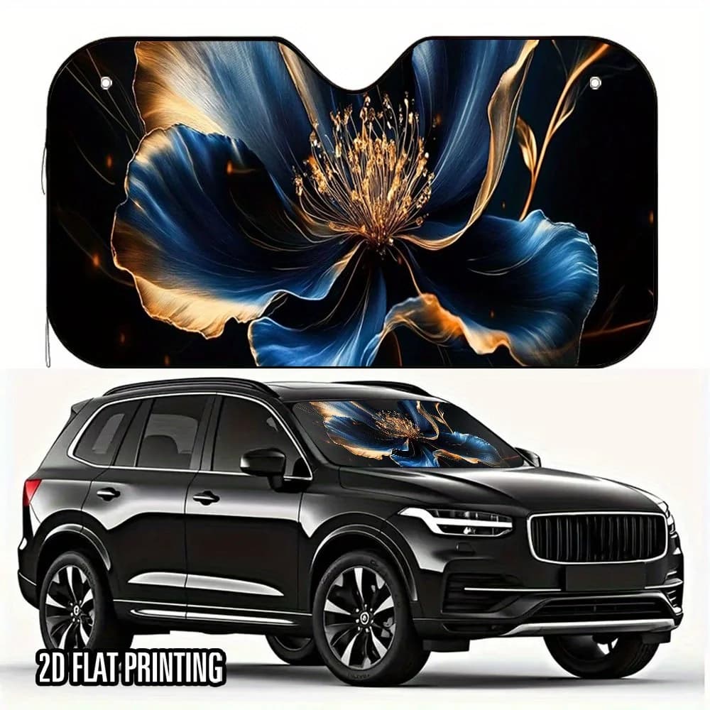 Parasole per auto con stampa di fiori dorati e blu 2D, adatto per il parabrezza, mantiene il veicolo fresco ed elegante, 1 pezzo