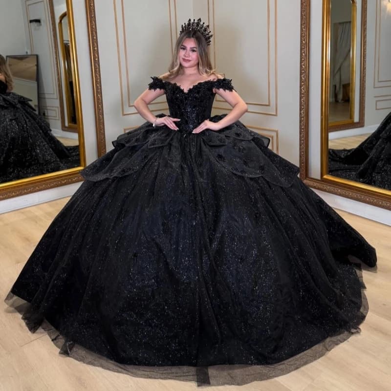 Abito da principessa nero lucido con spalle scoperte Abito dolce 16 Abiti Quinceanera Applique Perline Fiocco di cristallo Tull Festa di compleanno Vestid