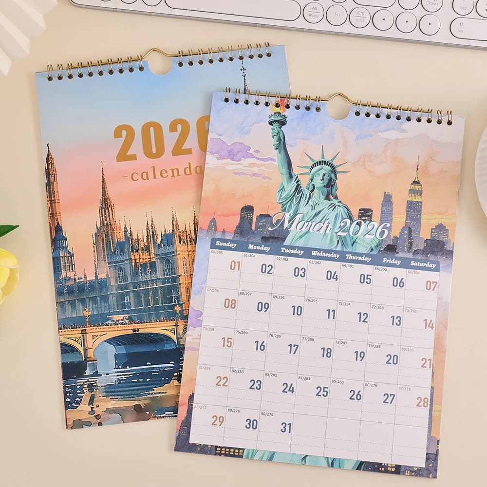 12 fogli 2026 calendario da parete A4 copertina abbronzante design di edifici agenda mensile settimanale giornaliera per la scuola dell'home office (Jan-Dec 2026)