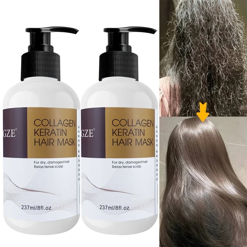 Pack of 2 masks for hair to keratin to GZE collagen, deep balm for dry and damaged hair, restores elasticity: for healthy and beautiful hair