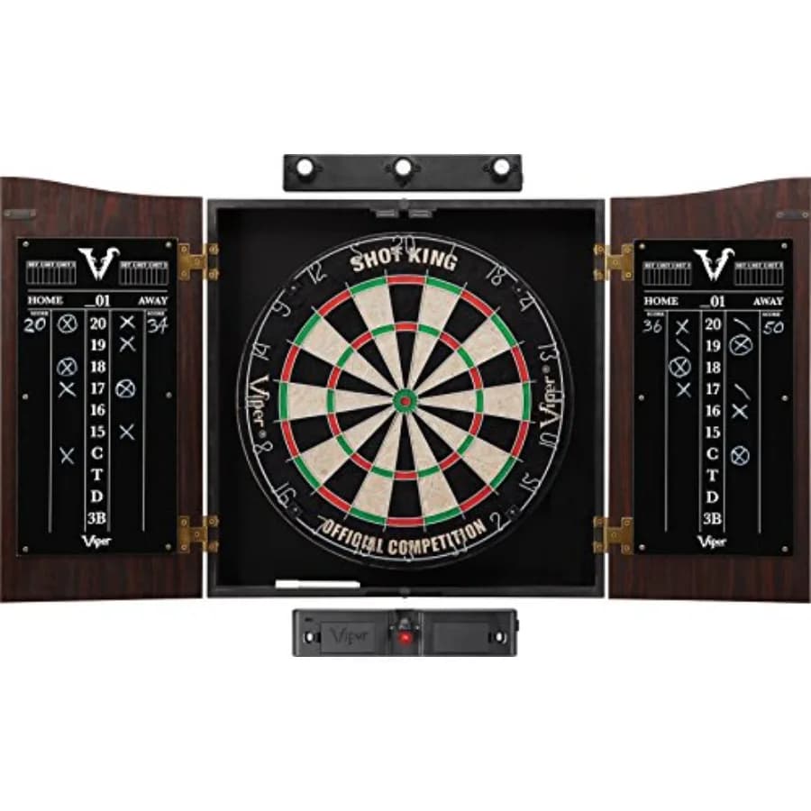 Bundle Pronto all'Uso Viper Vault Cabinet e Bersaglio per Freccette Shot King in Sisal/Setole con Due Set di Freccette con Punta in Acciaio, Linea di Lancio, e