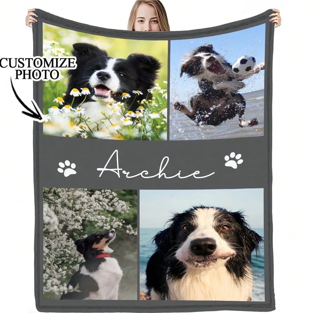 Coperta personalizzata in flanella per animali domestici da 1 pezzo con nome e foto di cane e bambino - Regalo personalizzato per campeggio e viaggi per animali domestici