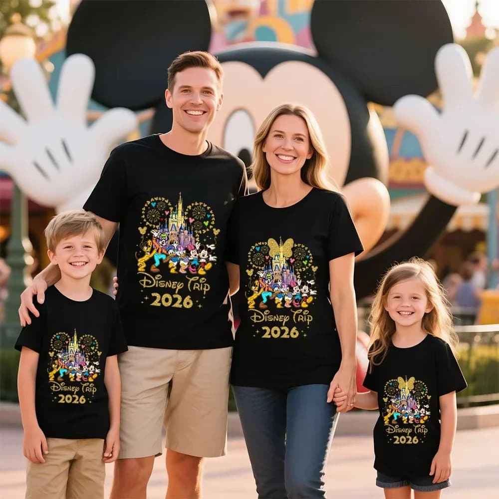 Magliette per Famiglie Disney Trip 2026 con Stampe del Castello Dorato e dei Personaggi di Topolino, Perfette per una Vacanza a Disney World