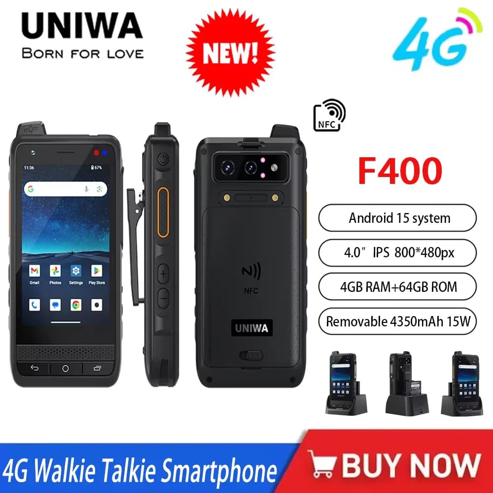 NUOVA Edizione Globale UNIWA F400 4G Zello Walkie Talkie Smartphone 4 "Android15 5.0MP 13MP 4GB + 64GB 4350mAh 15W PoC Radio SOS NFC
