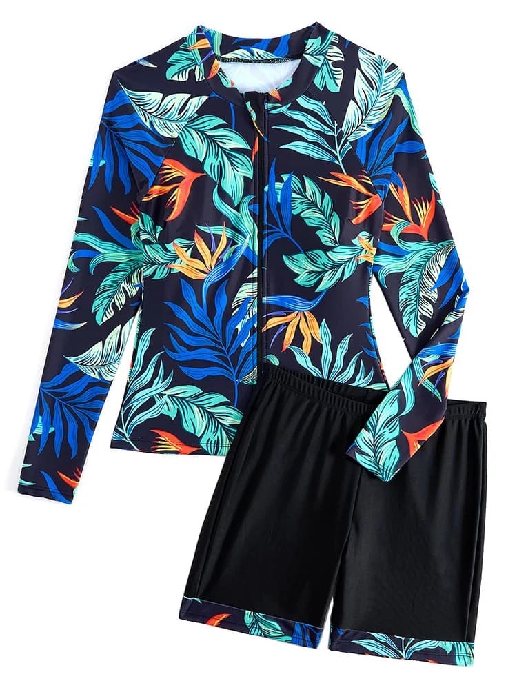 Women's One-Piece Swimsuit High Waist Long Sleeve Flat Angle Design Sunscreen Belly Covering Slimming Sporty Casual Style