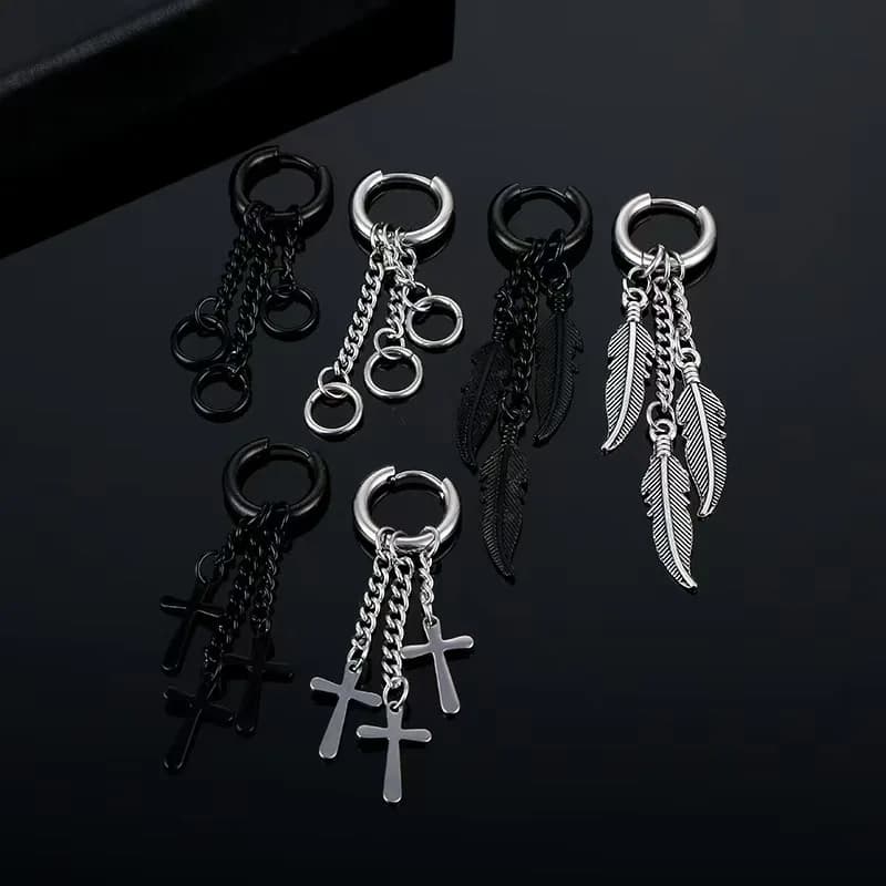 1 paio di orecchini in acciaio inossidabile con ciondolo a forma di croce di piume, nappa lunga, cerchio unisex, gioielli penetranti gotici punk
