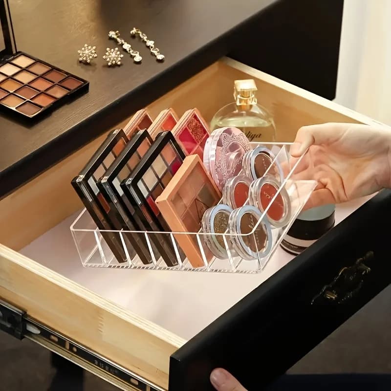 Organizzatore per Palette Ombretti a 7 Scomparti, Porta Trucchi in Acrilico Trasparente, Divisorio per Cassetti per Cosmetici