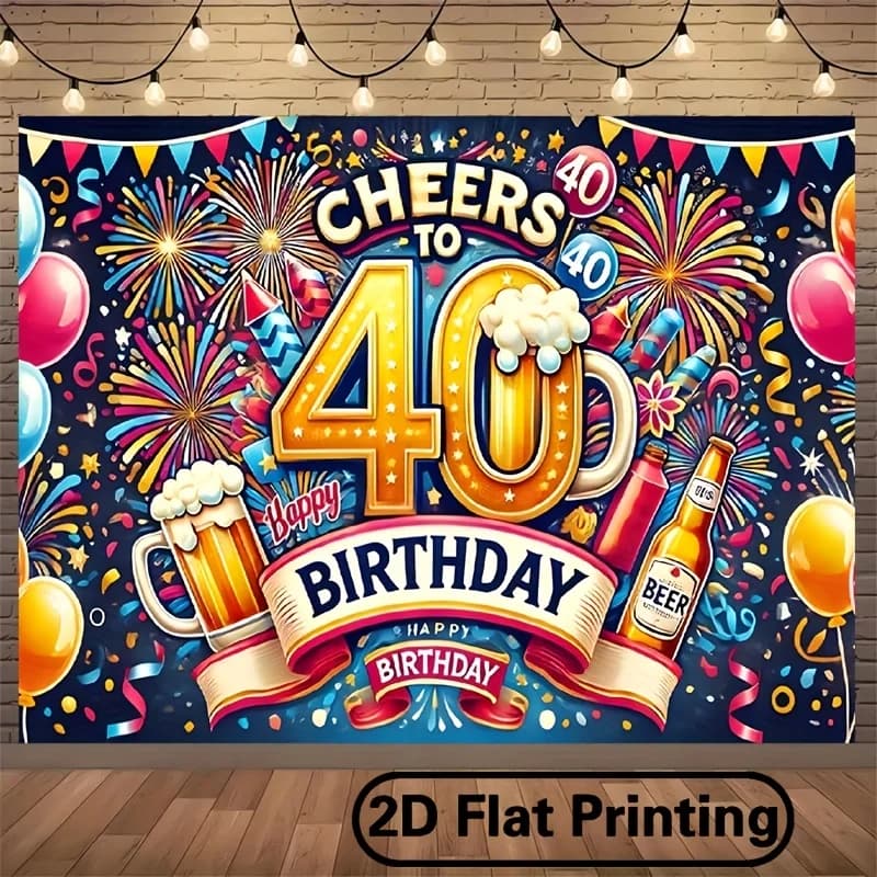Banner per porta 2D, 1 pezzo, sfondo per la festa del 40° compleanno - poliestere, fuochi d'artificio, boccali di birra e design con scritta 'Cheers 40 Years'