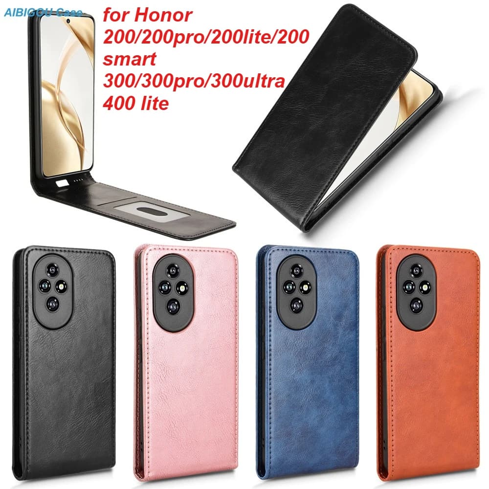 Honor 200 Honor200 PRO Smart 300 Flip Vertical Case Luxury Retro Leather Book Holder 360 Cover For Honor 200 400 Lite Phone Bags