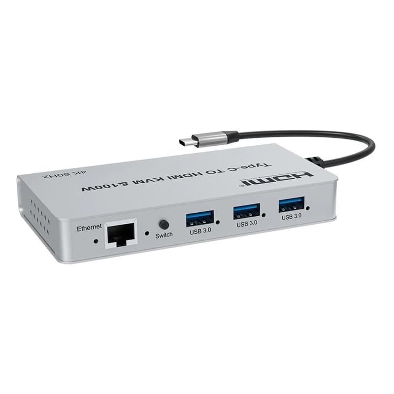 4K 60Hz Type C To HDMI Video Converter USB3.0 HUB KVM Adapter 2x1 Switch Support PC To TV Mouse Keyboard U Disk 100W Fast Charge