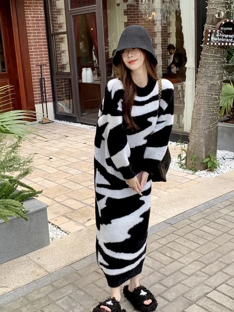 Autumn Winter Stripe Long Sleeve Faux Mink Dress Lazy Style Loose Skirt Thickened Warm round Neck Pullover Mid-Length Sweater