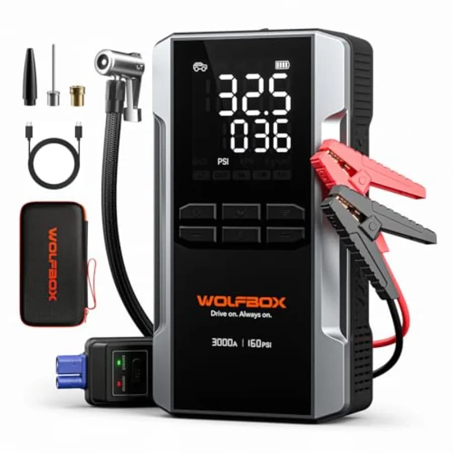 Avviatore di Emergenza 3000A con Compressore d'Aria 59.2Wh e 160PSI, Avviatore Portatile per Auto con Ricarica Rapida 65W, Batteria 12V