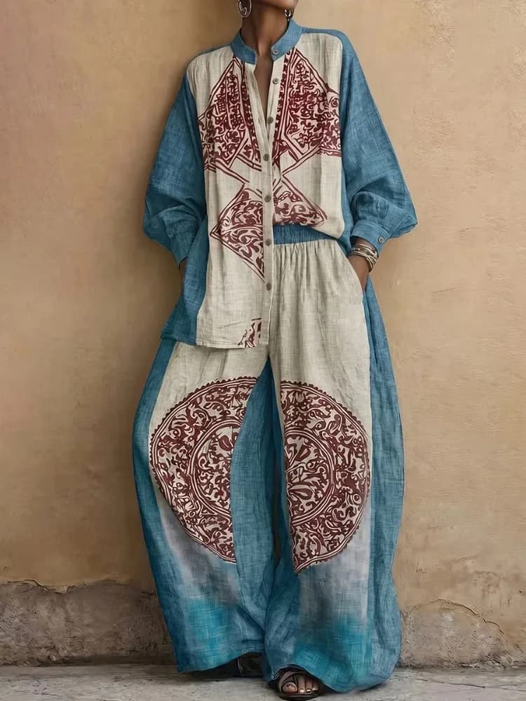UOOZEE Women's Vintage Ethnic Printed 2 Piece Sets Long Sleeves Stand Collar Blouse & High Waist Wide Leg Pants Matching Set
