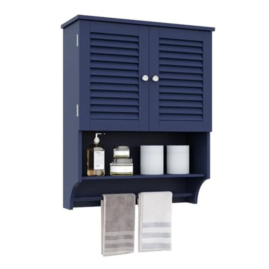 Armadietto da bagno a parete con portasciugamani, 60 cm L x 20 cm L x 70 cm H, in MDF, mobiletto porta medicinali a 2 ante salvaspazio sopra il WC