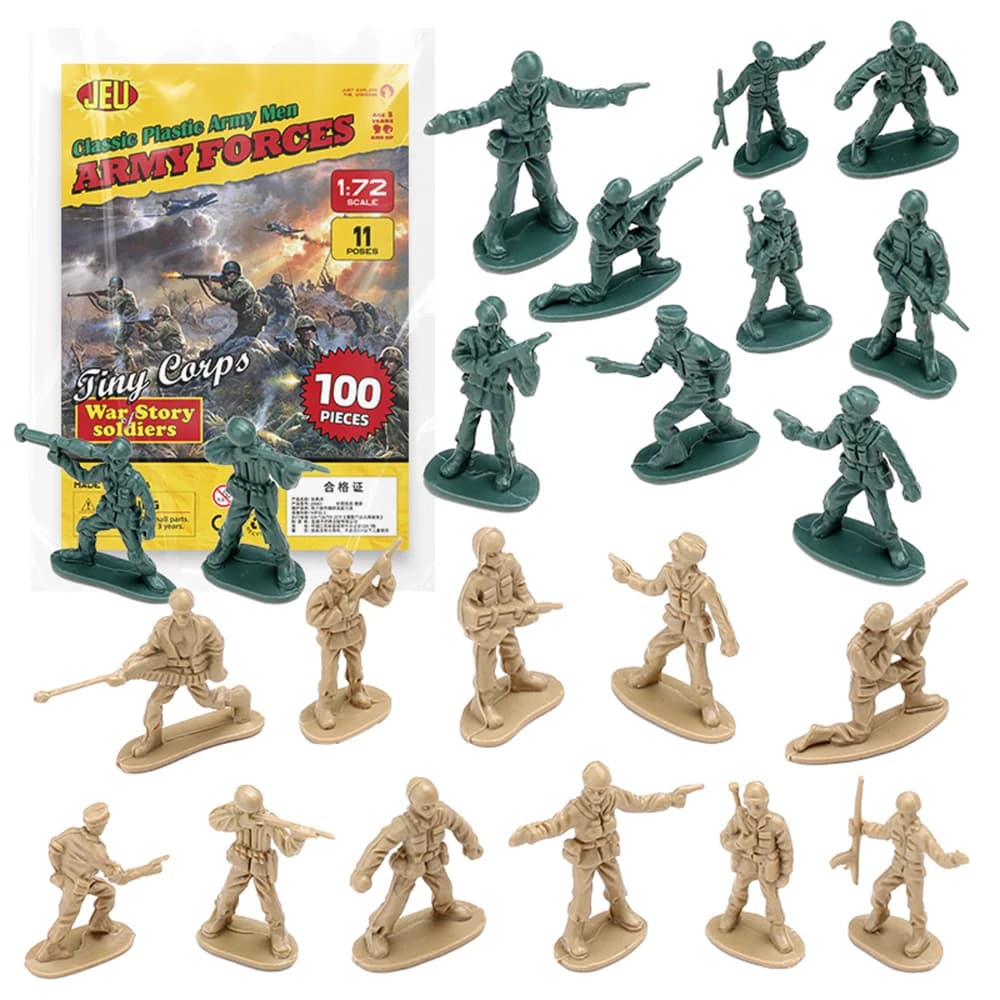 ViiKONDO Army Men Toy Soldier 1/72 Mini Plastic Action Figure 11 Pose Green Tan 100pc Tiny Troop Tabletop Wargame piccola figurina