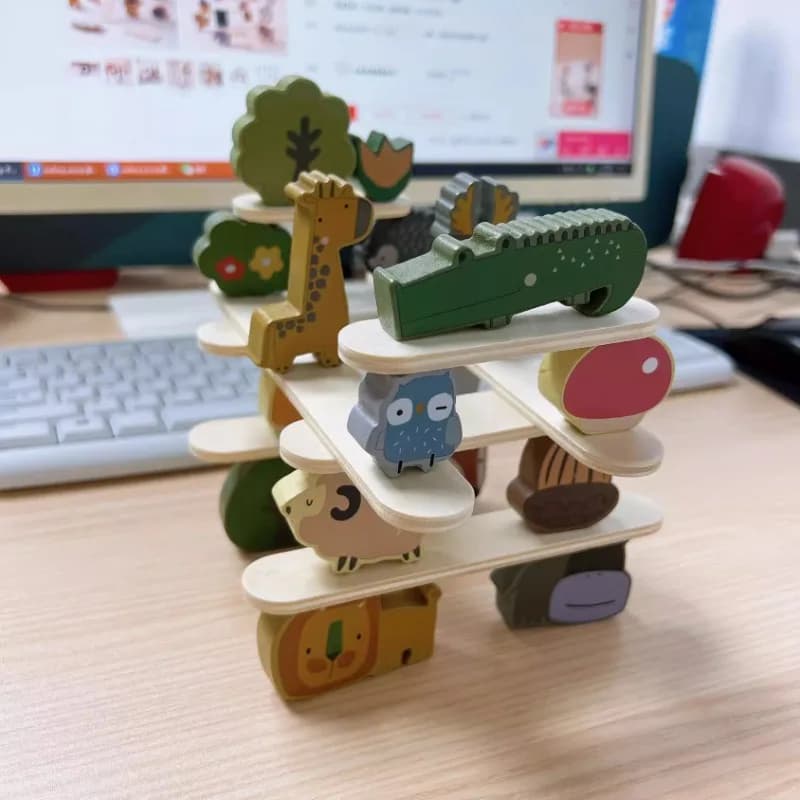 Puzzle di Equilibrio con Animali in Legno, Blocchi Impilabili per Coordinazione Occhio-Mano, Allenamento dell'Attenzione, Giocattoli Educativi per Interazione Genitore-Figlio