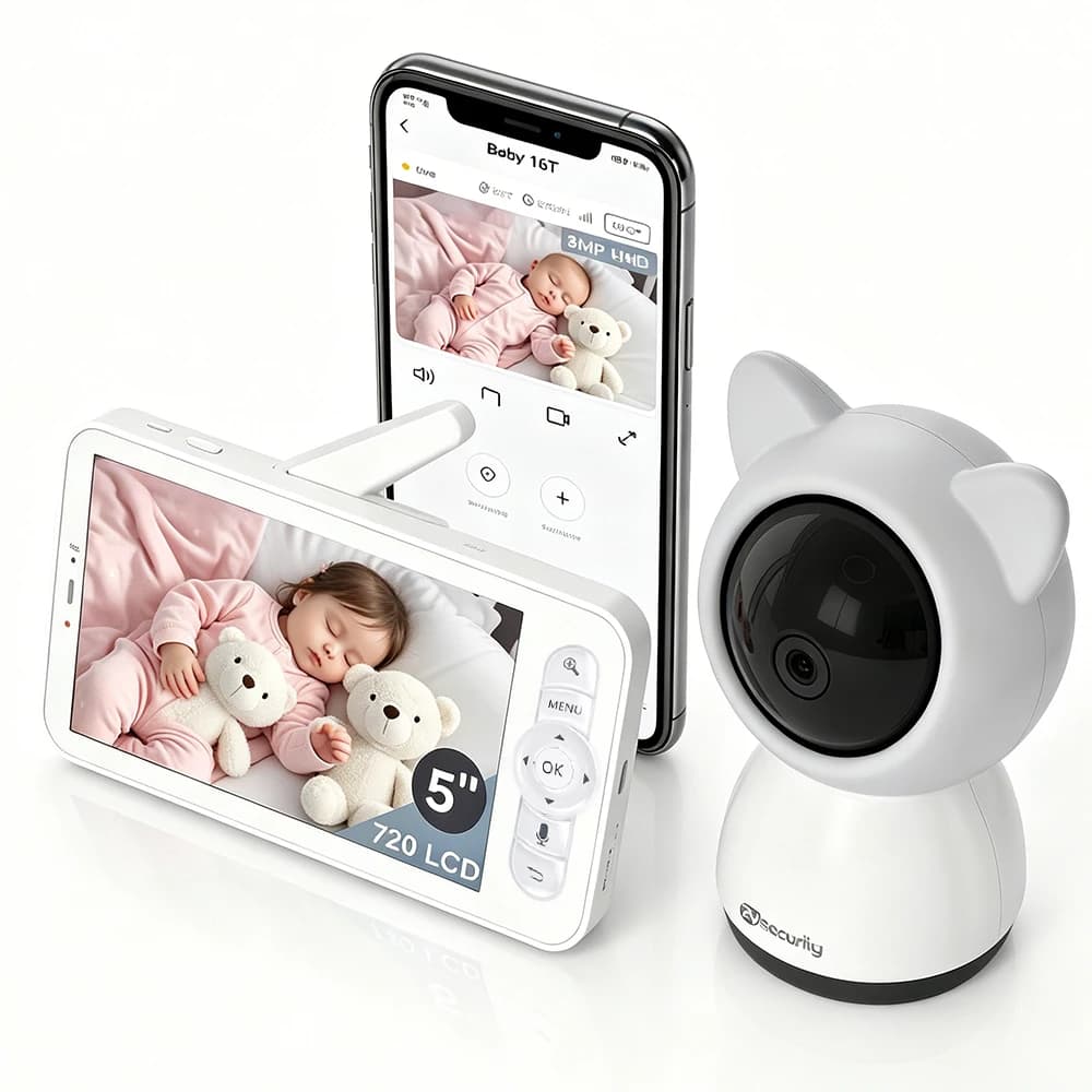 Monitor per Bambini WiFi da 5 Pollici con App e Schermo, Controllo Doppio, Comunicazione Bidirezionale, Visione Notturna, Telecamera PTZ, Registrazione Video e Riproduzione, Videocamera Intelligente per Bambini