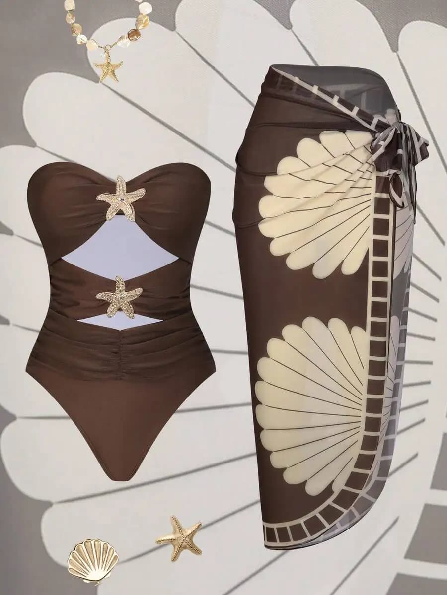 Costume da bagno intero da donna marrone con stampa a conchiglie e gonna in rete, set da spiaggia due pezzi