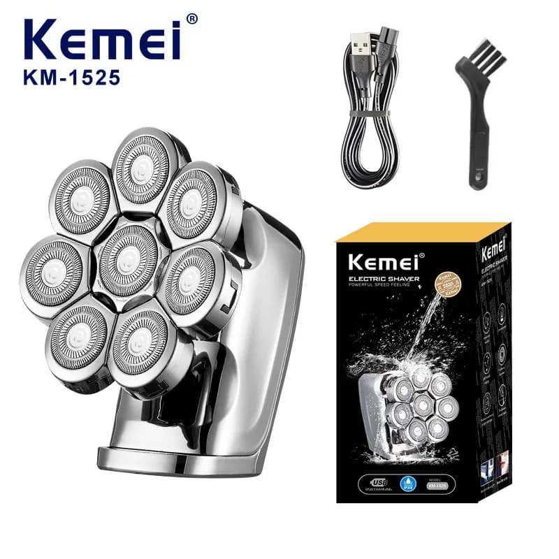 Kemei KM-1525 Electric Razor for men, 8-blade cartridge shaver, LCD display, Waterproof, Professional Trimmer, Socket for bald heads.