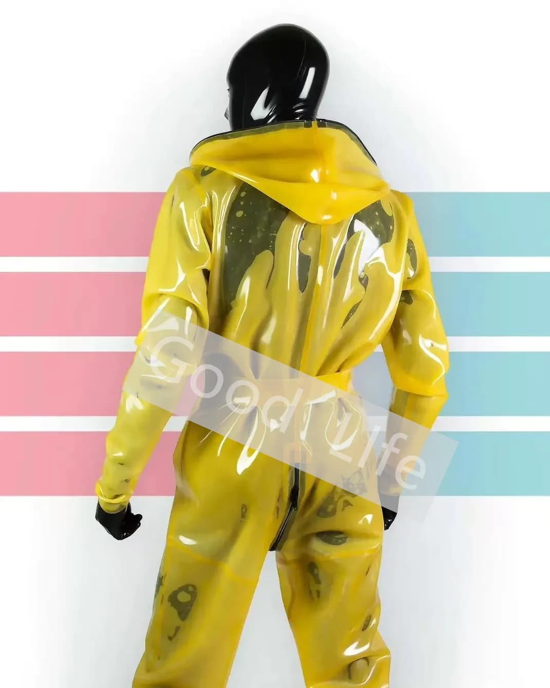 Fetish Lattice Gomma Giallo Catsuit Abbigliamento sportivo Felpa con cappuccio Tuta da uomo Zip frontale sul cavallo Impermeabile in lattice unisex Senza guanti