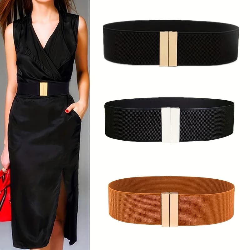 Cintura elastica larga da donna, cintura regolabile con fibbia in metallo, cintura decorativa alla moda per abiti e cappotti, accessorio per outfit da giorno, feste e appuntamenti.