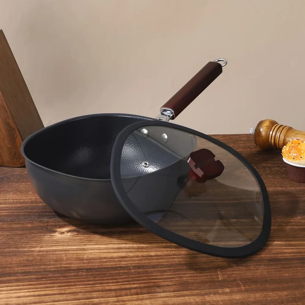 Refined Iron Universal Square Panel with Wood Handle, Flat Bottom, Wok Without Cover with Transparent Cover, Brush